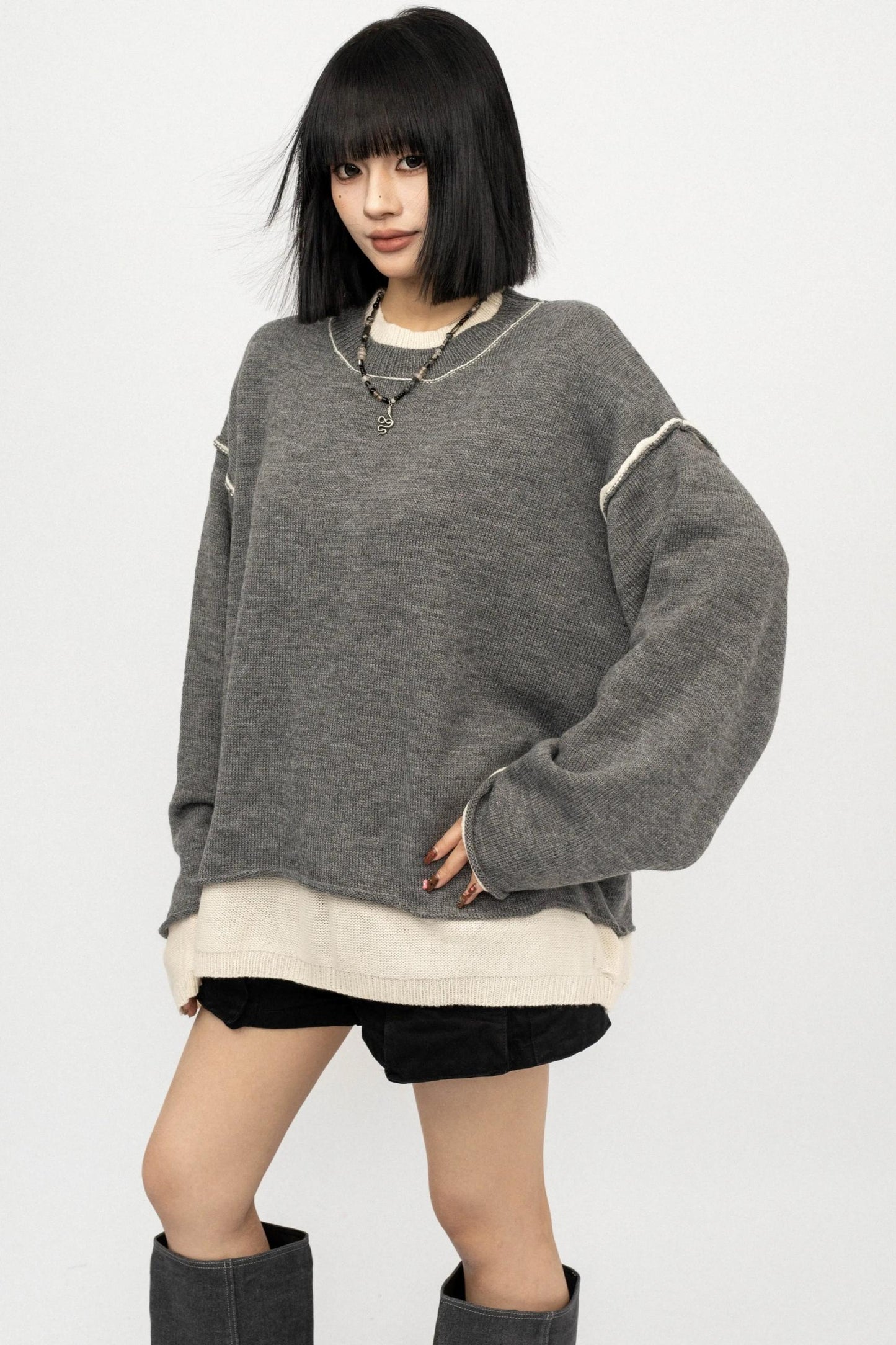 Fake Two Loose Knit Smock Sweater