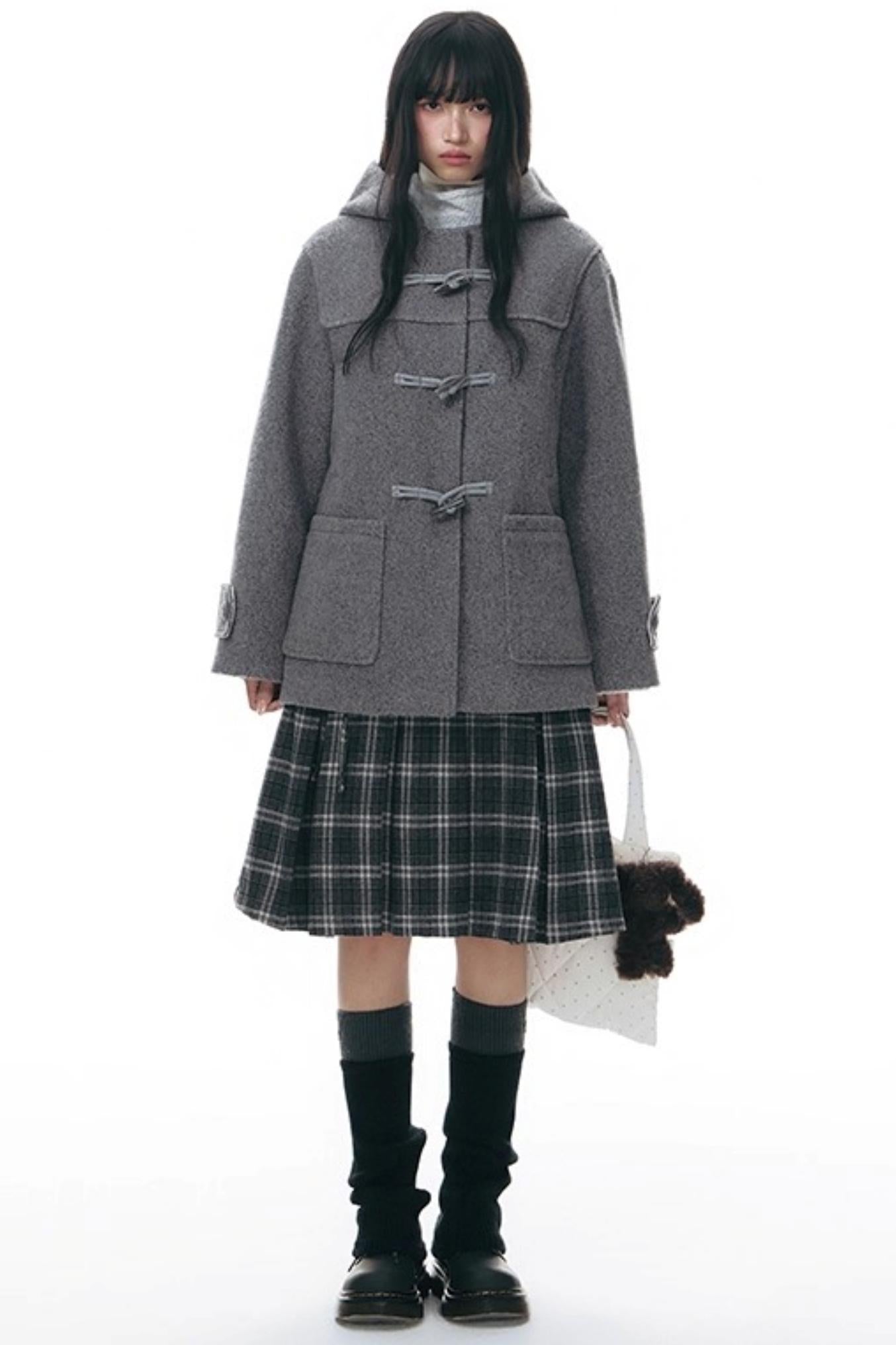 Double Waist Plaid Woolen Pleated Midskirt