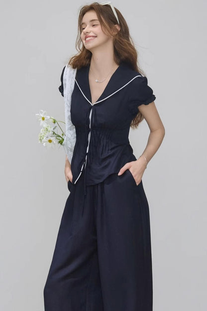 Navy Linen Pants Set-Up