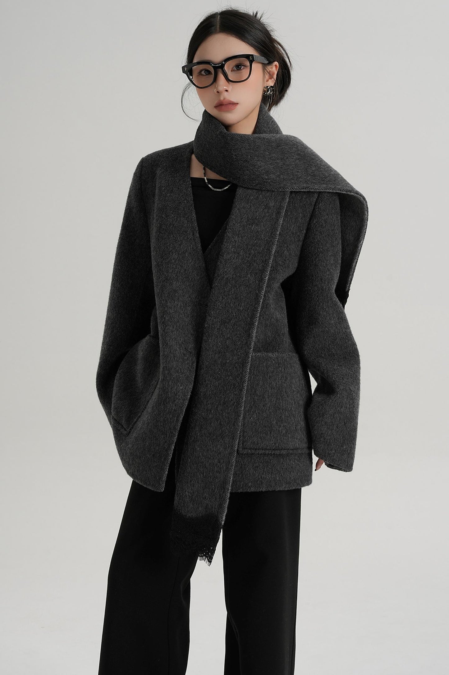 Scarf Patchwork Lace Woolen Coat