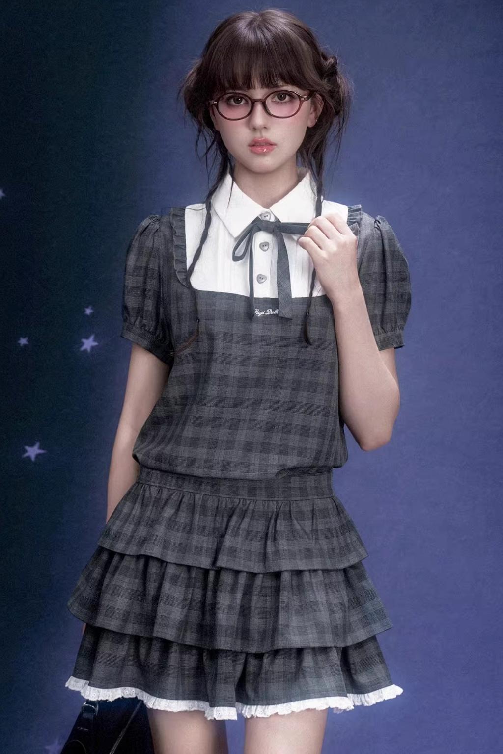 Gray Plaid Cake Dress Set