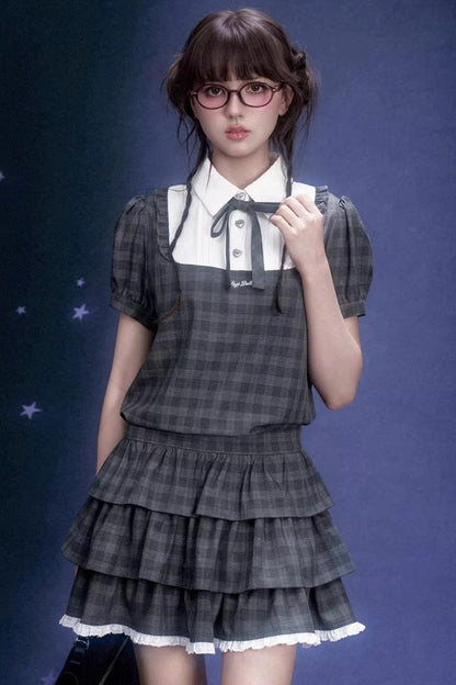 Gray Plaid Cake Dress Set