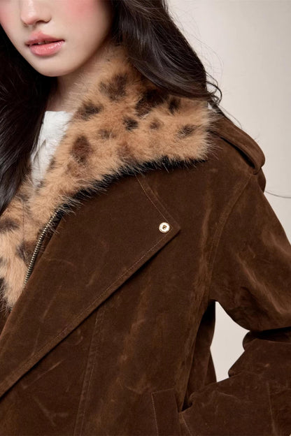 Leopard Print Fur Collar Jacket