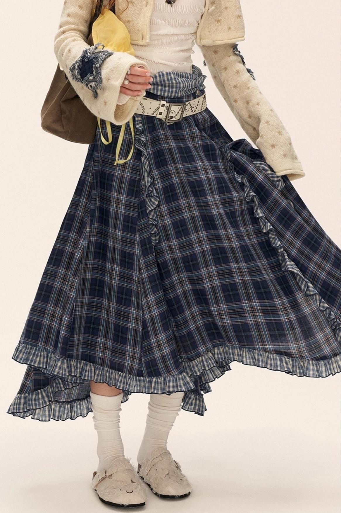 Spliced Plaid Long Skirt