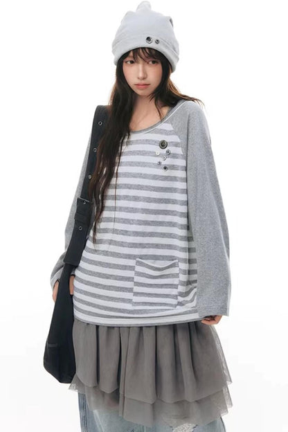 Button Striped Off-Shoulder Top