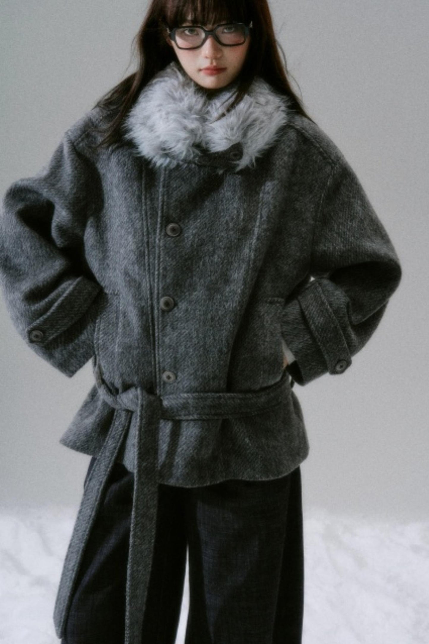 Bow Fur Collar Wool Coat