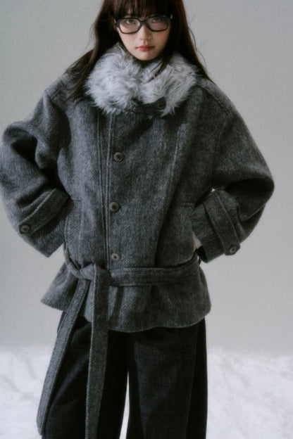 Bow Fur Collar Wool Coat