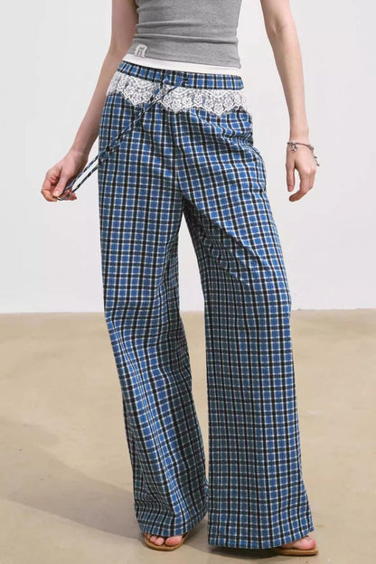 Blue Lace-Trimmed Plaid Wide-Leg Pants