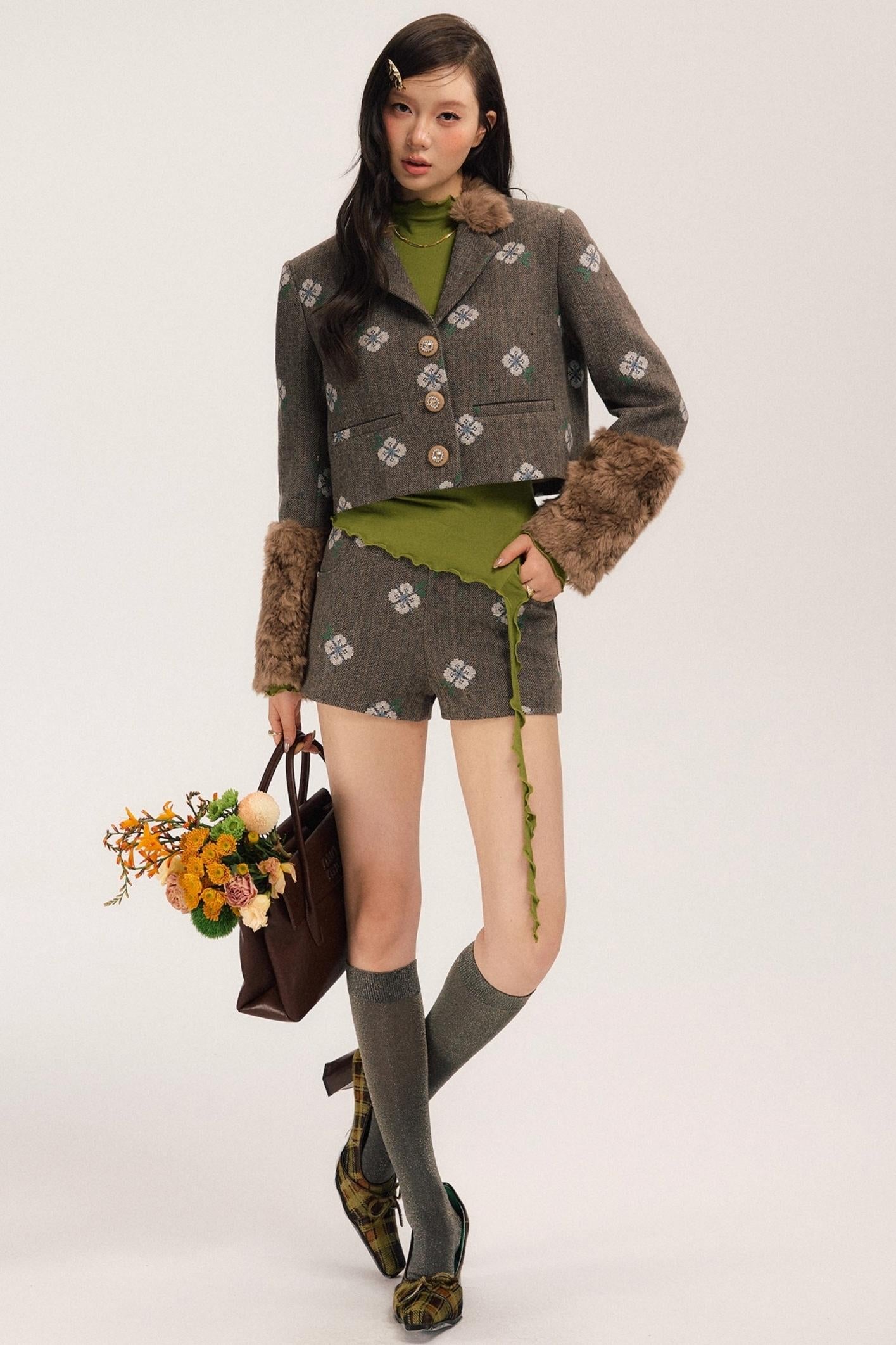 Retro Embroidery Tweed Fur Shorts Set-Up