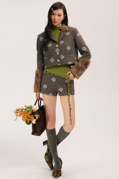 Retro Embroidery Tweed Fur Shorts Set-Up