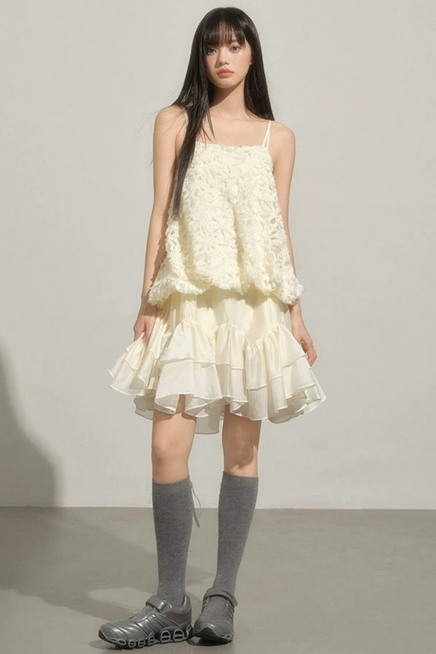 Layered Milk-White Floral Dress Set