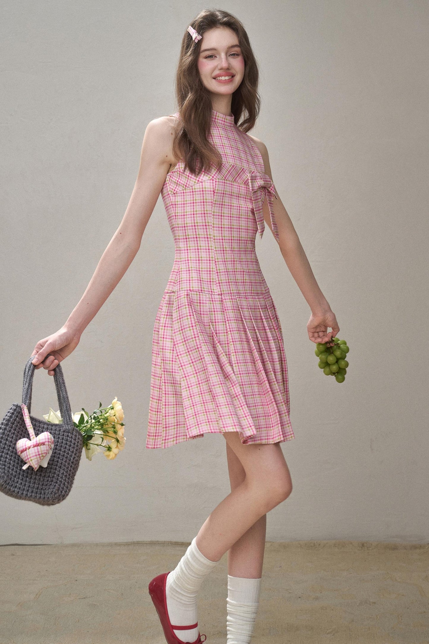 Bow Halterneck Plaid Dress