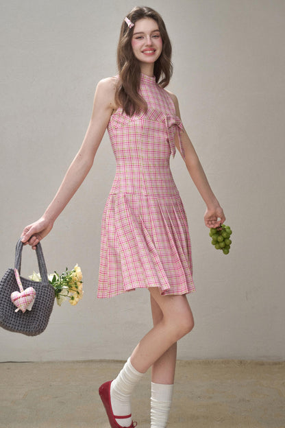 Bow Halterneck Plaid Dress