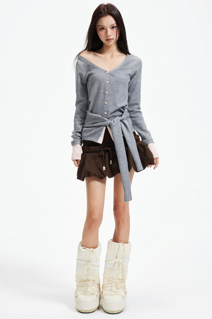 Coffee Patchwork Short Skirt