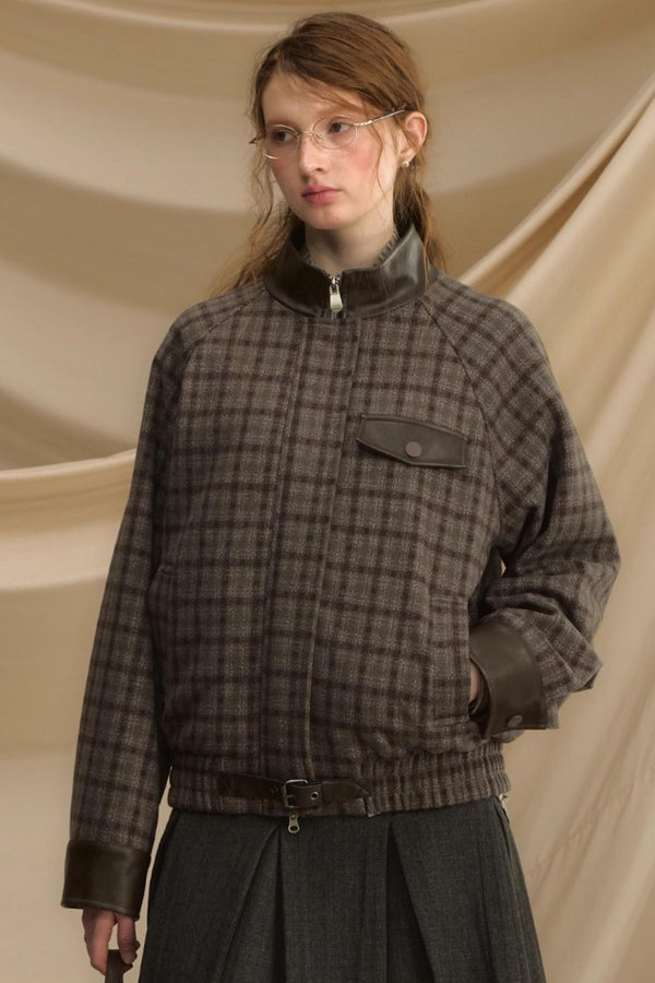 Stand Collar Plaid Woolen Jacket
