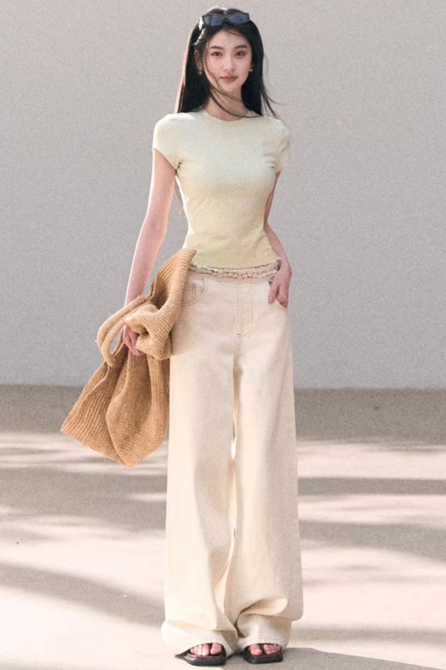 Washed Wide-Leg Lace Pants