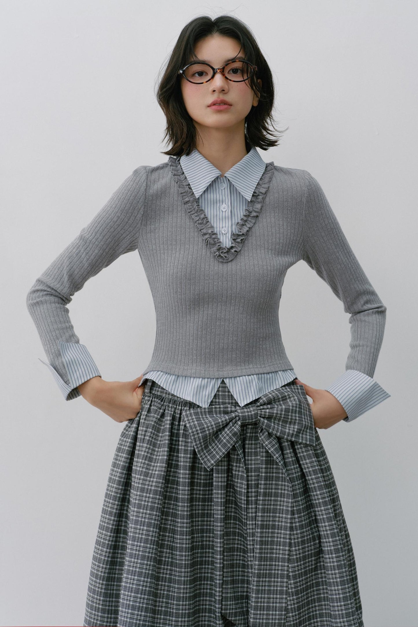 Gray Knit Patchwork Vertical Striped Fungus Edge Top