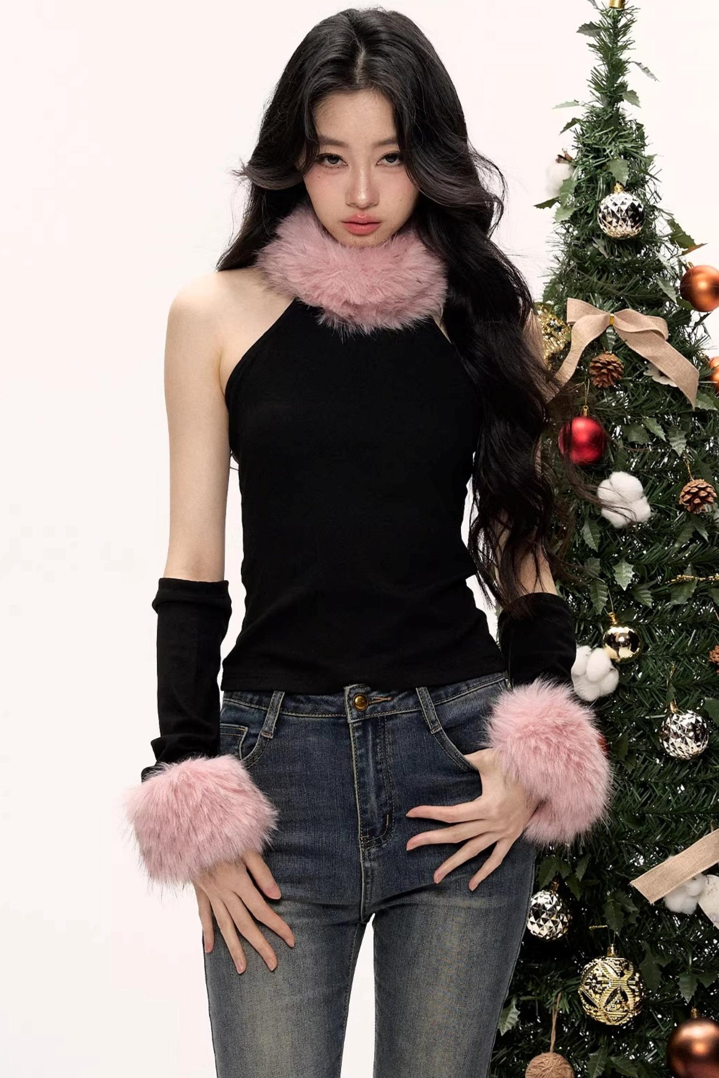 Color-Blocked Fur Collar Vest