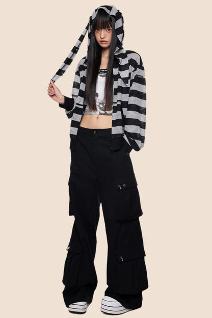 Rabbit Ears Stripe Hooded Long Sleeve Cardigan