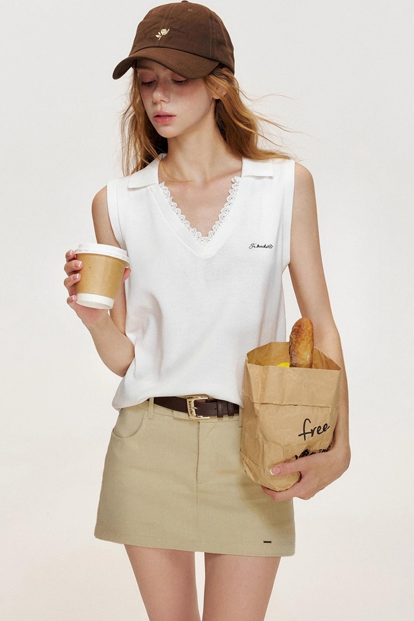 Beige Grain Embroidered Lace Knit Vest