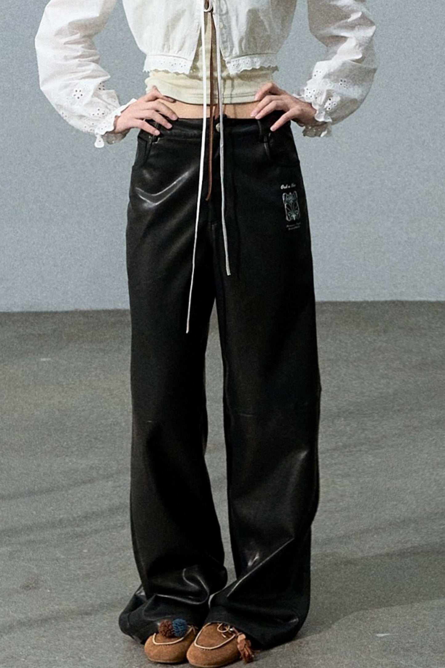 Retro Print Wide-leg Leather Pants