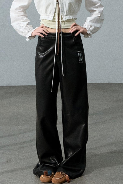 Retro Print Wide-leg Leather Pants