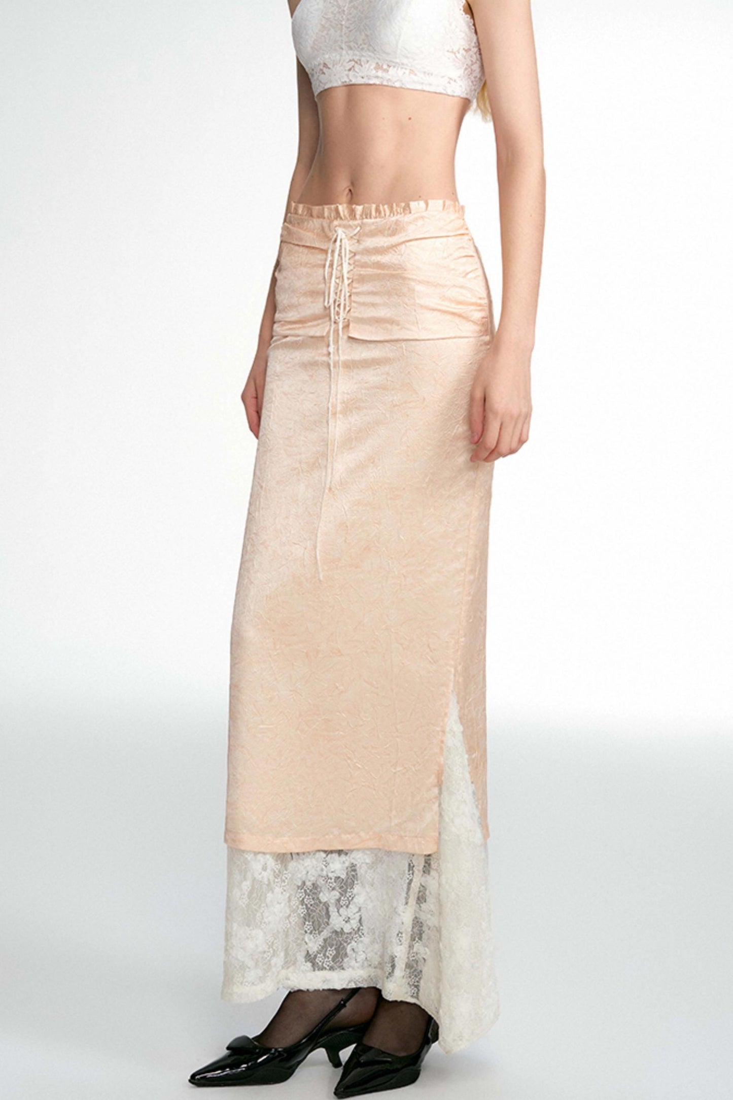 OfAkiva "Genyue Window" pleated streamer satin tie strapped, shirred lace insert maxi skirt