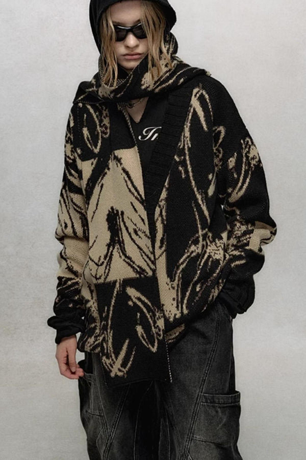 추상 디자인 니트 스웨터 코트 