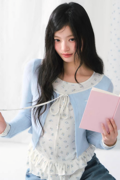 Blue Floral Knitted Ruffled Top