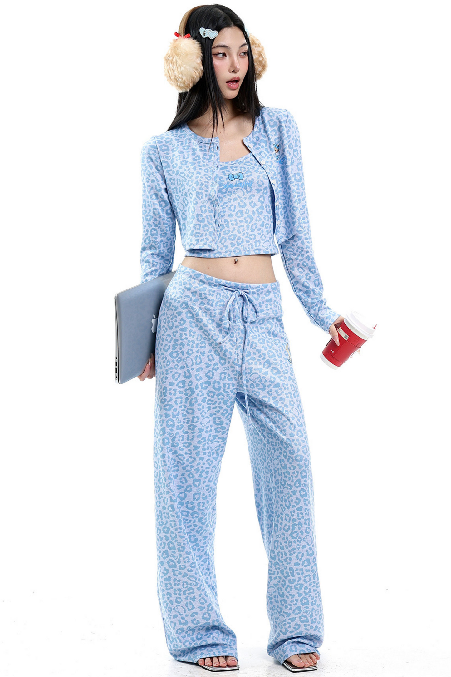 Blue Leopard Three-Piece Cardigan Set-Up