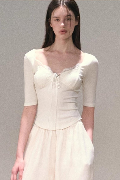 Taste of Cardamom Lace Knit V-Neck Top