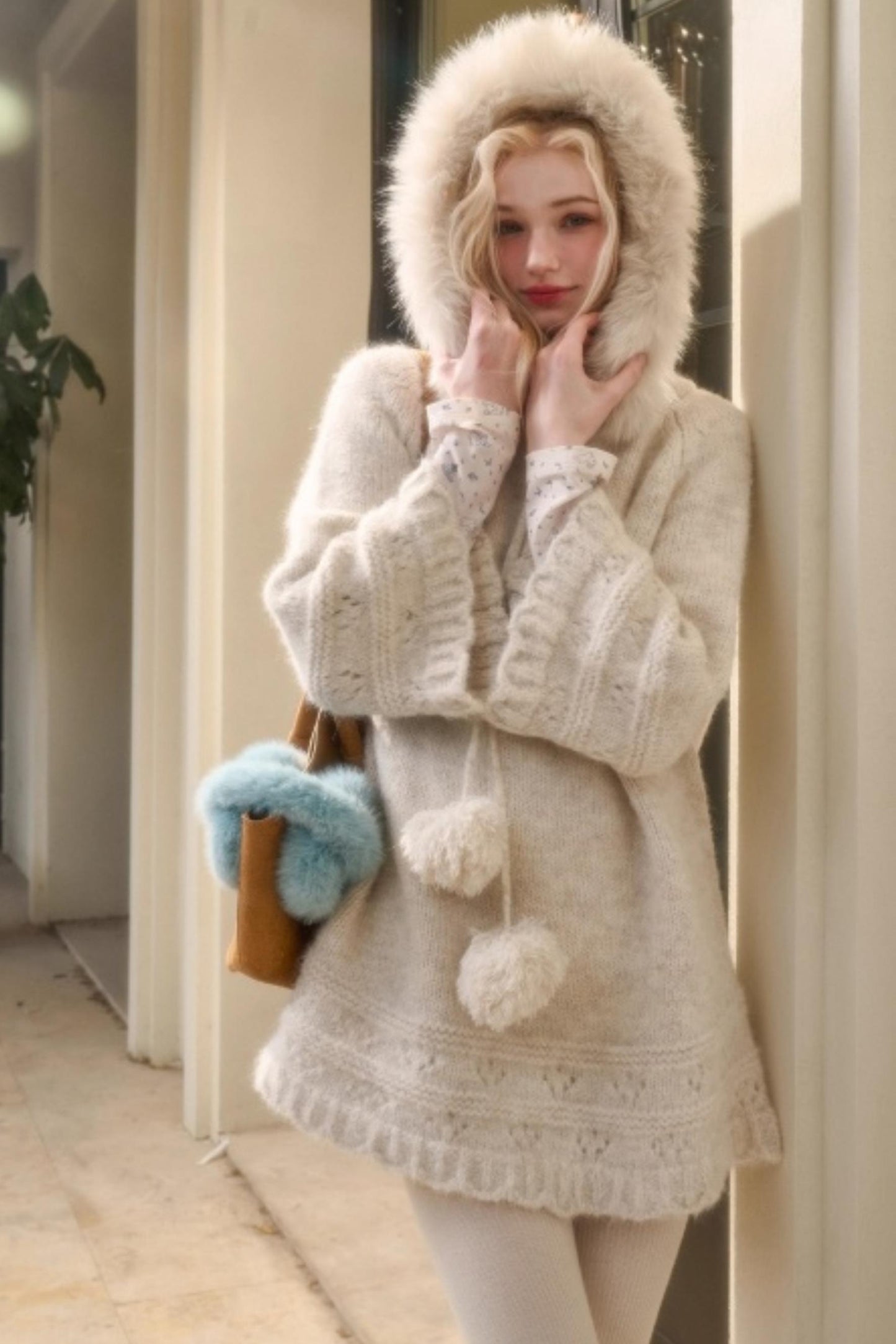 Elegant Wool Knit Cape Coat