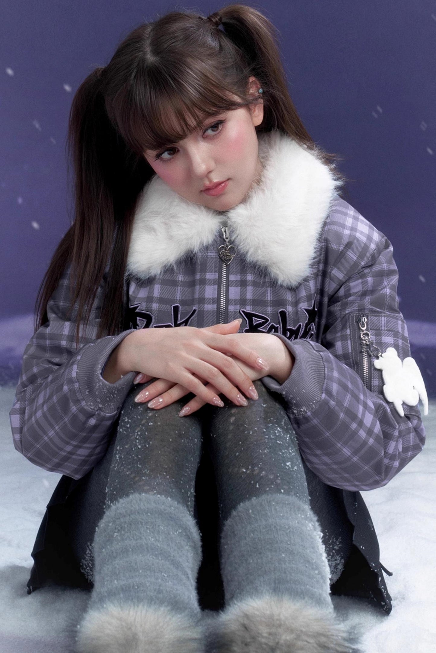 Purple Plaid Fur Collar Jacket