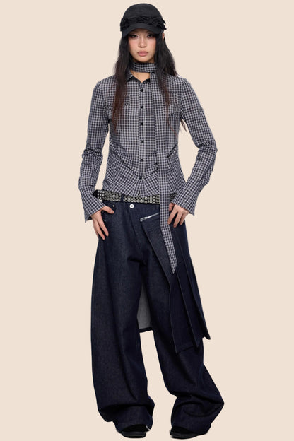 Detachable Pleated Denim Skirt Pants