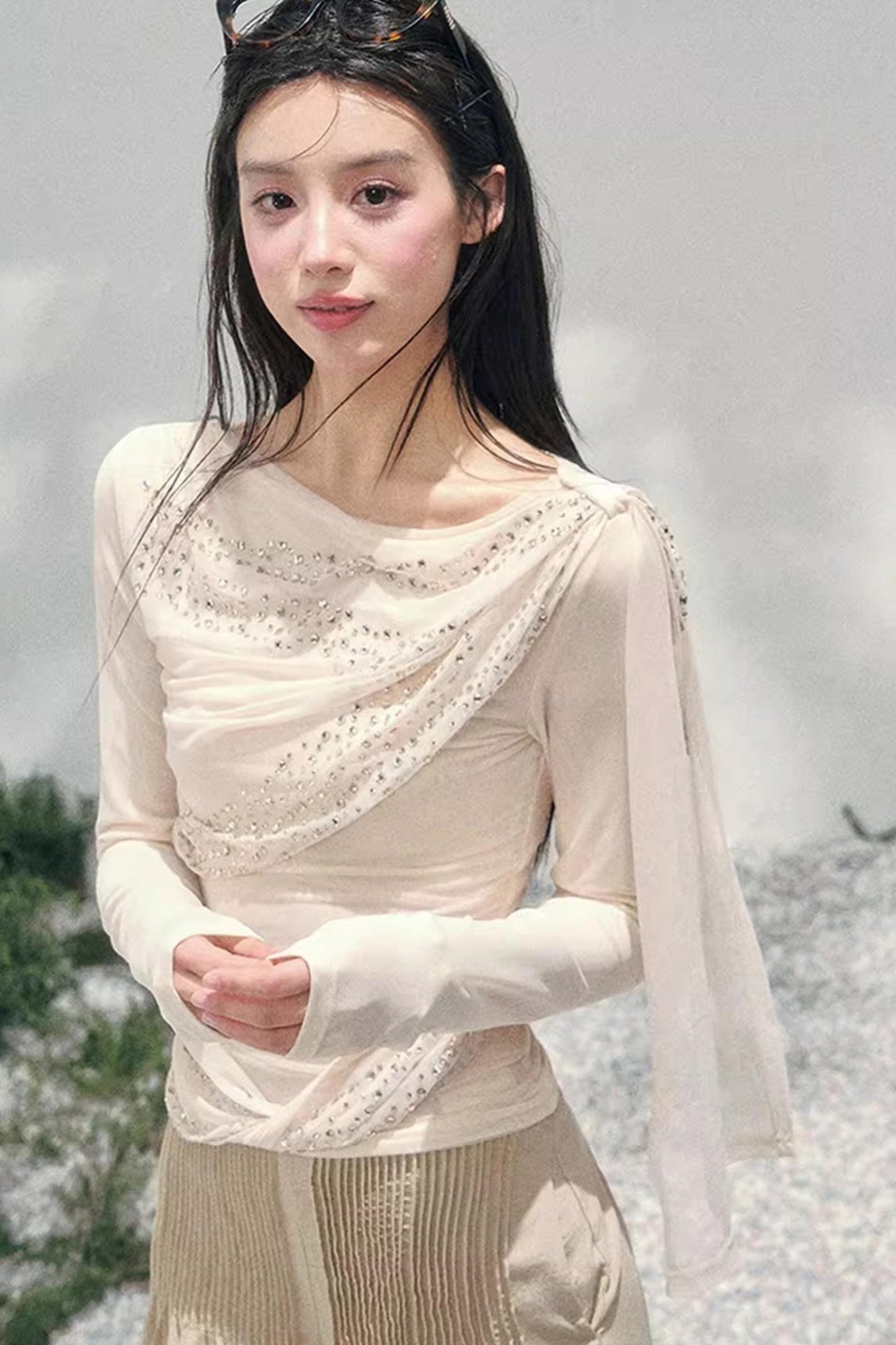 Sheer Rhinestone Slim-Fit Top Set