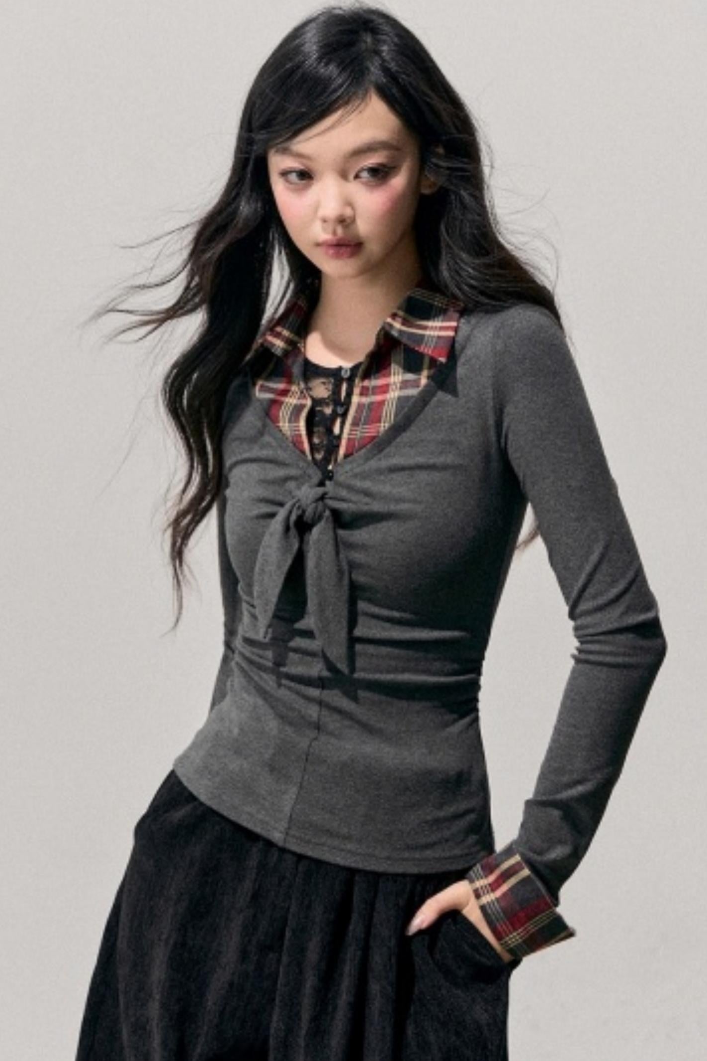 Knitted Plaid Slimming Top