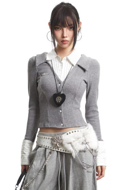 Retro Gray Fake Two-Piece Top