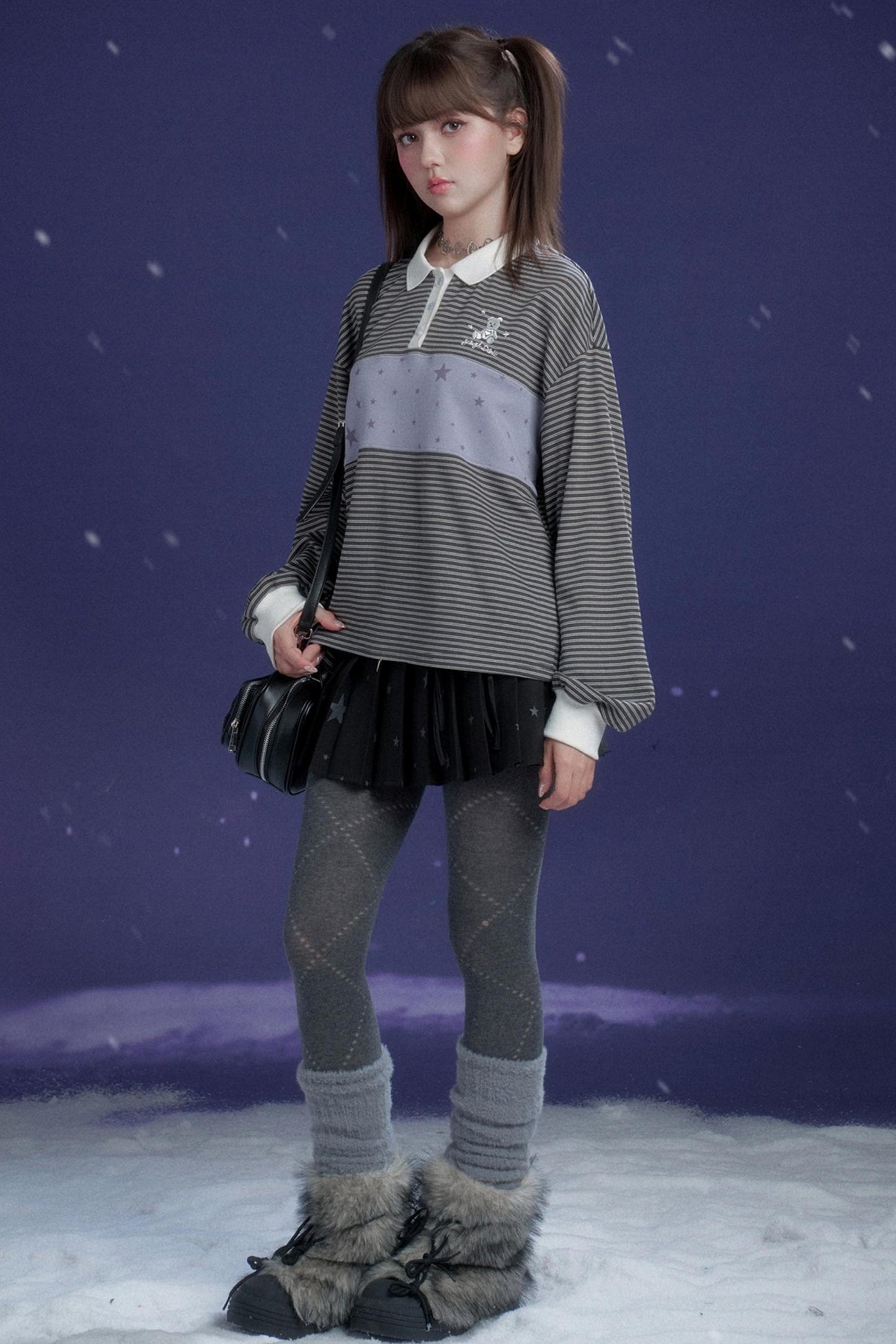 Energetic Gray-Purple Striped Polo Top