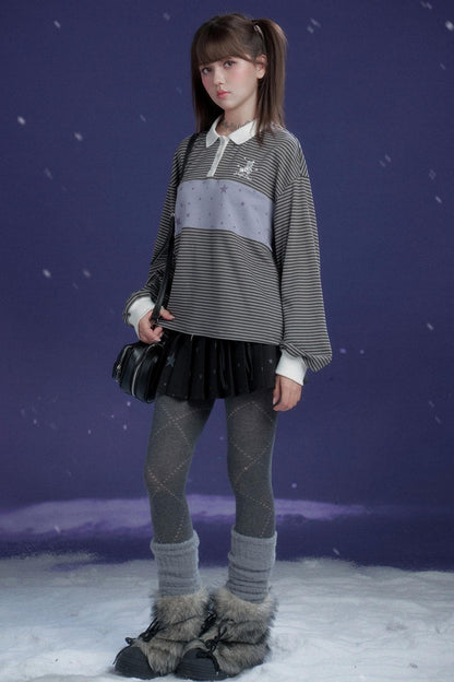 Energetic Gray-Purple Striped Polo Top