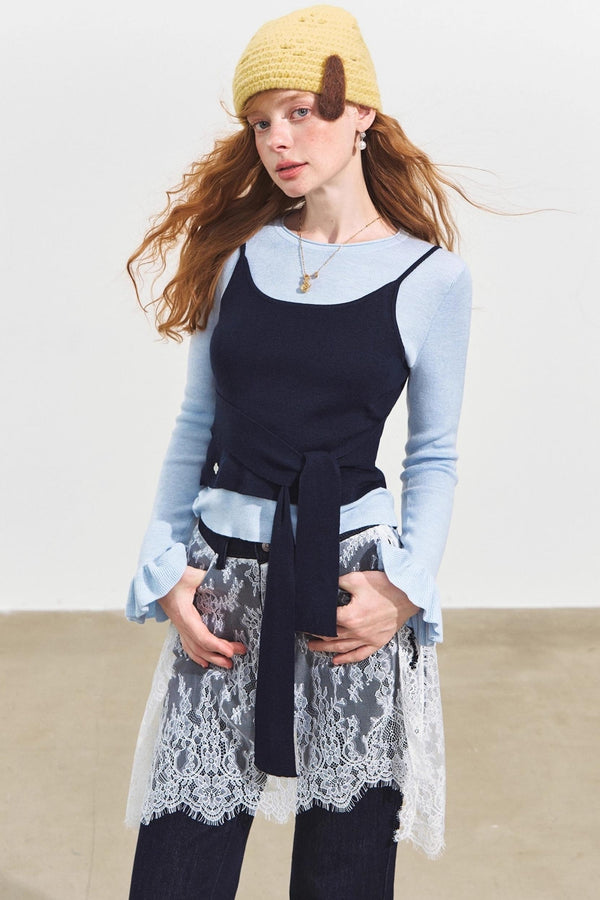 Fake Two Contrasting Lace-Up Top