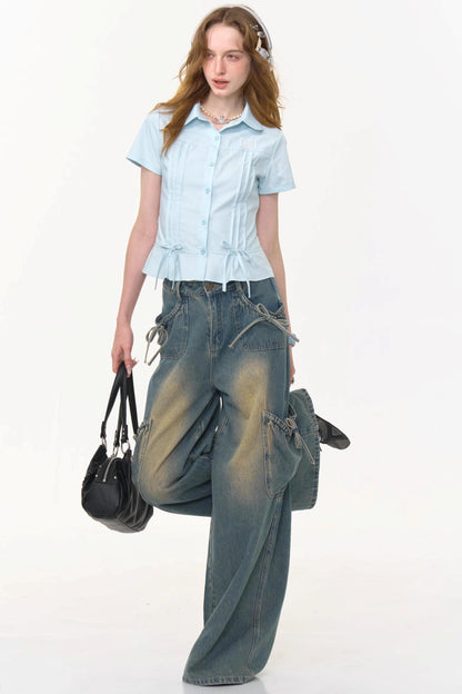 Retro Blue Bow Blouse