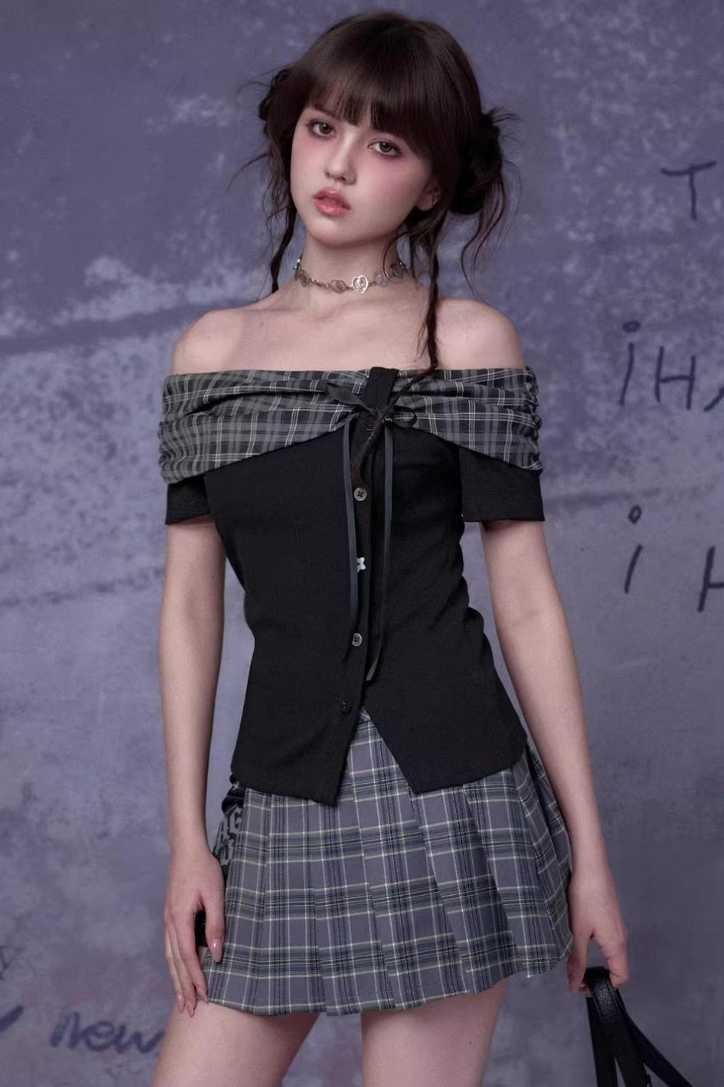 Plaid Bow-Knot One-Shoulder Matching Set