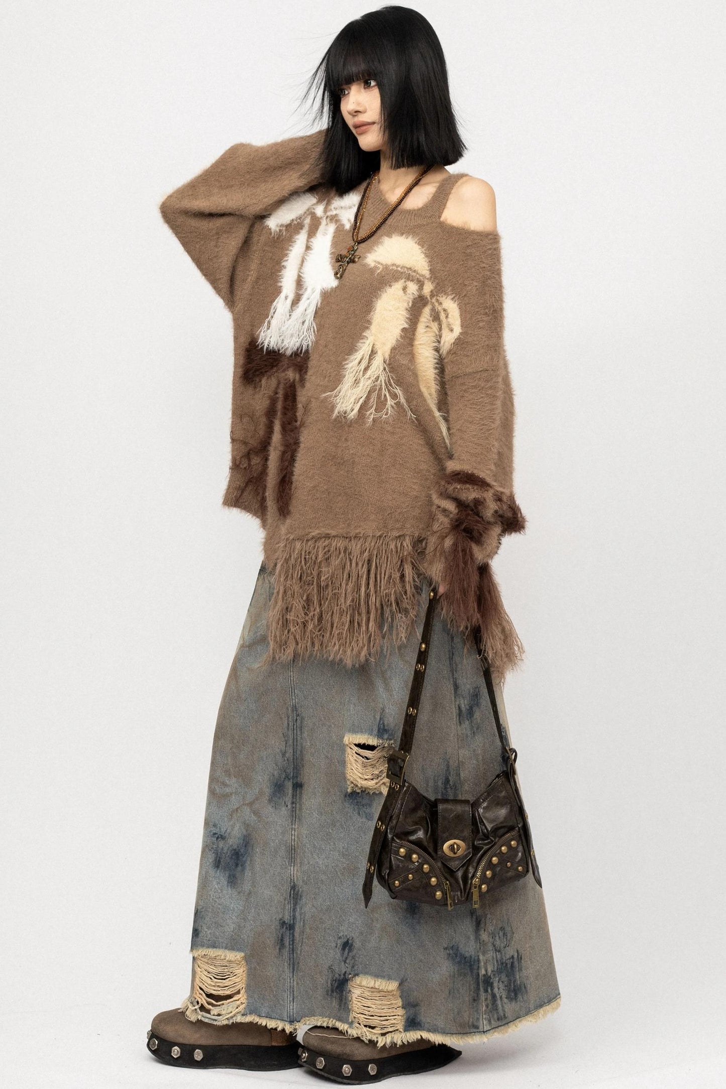 Off-The-Shoulder Fringed Knit Top