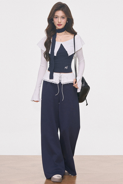 화이트 니트 원숄더 탑 셋업