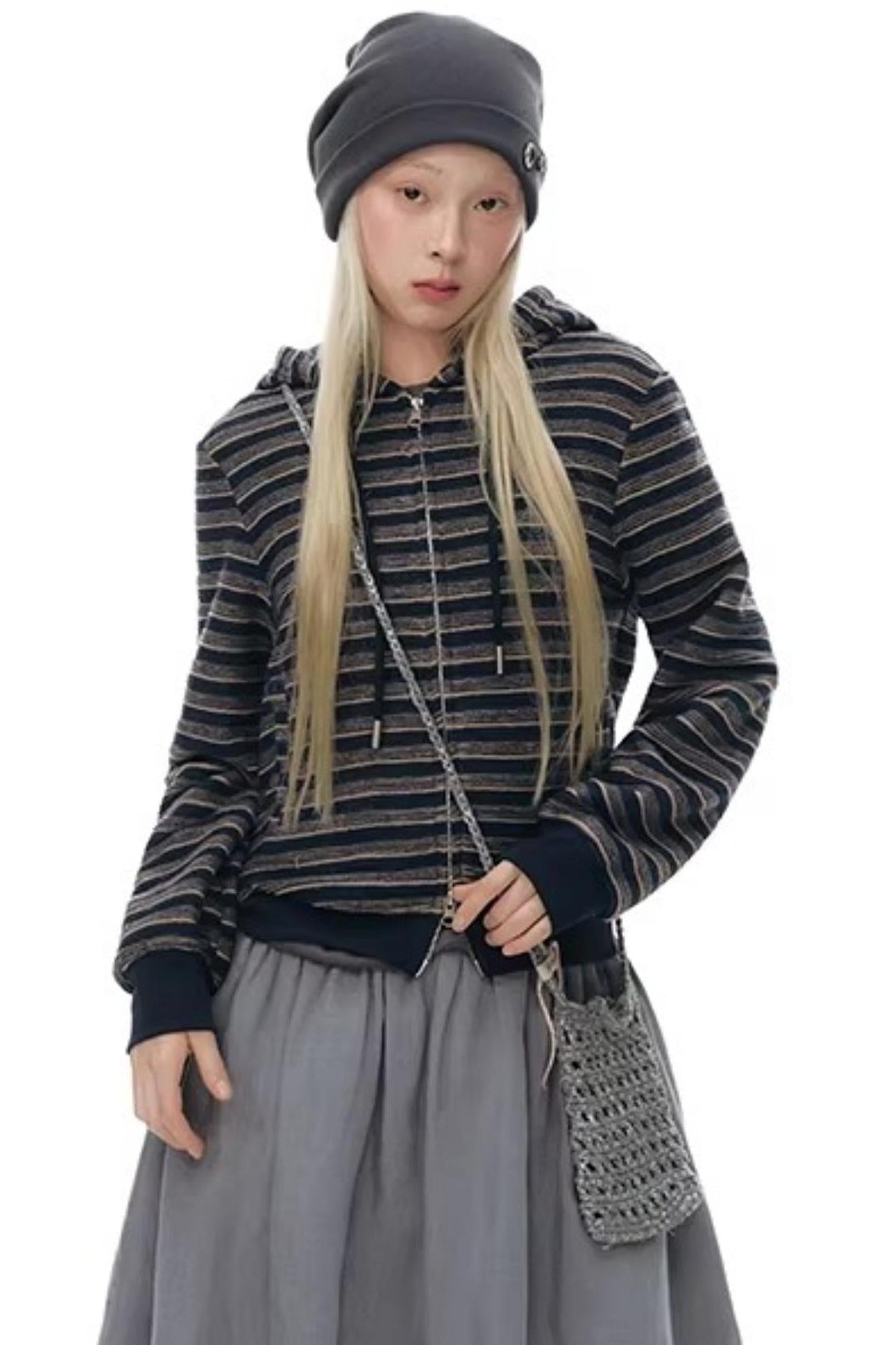 Striped Textured Hooded Sweatshirt