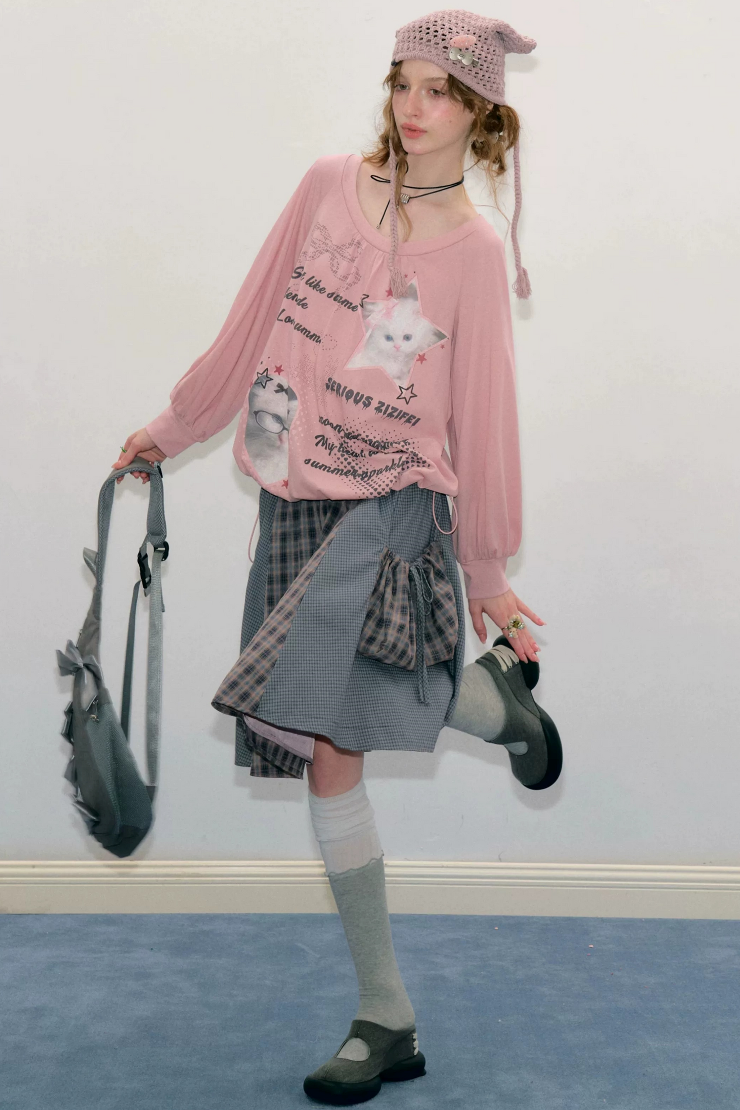 Pink Cat Print Lantern Sleeve Top