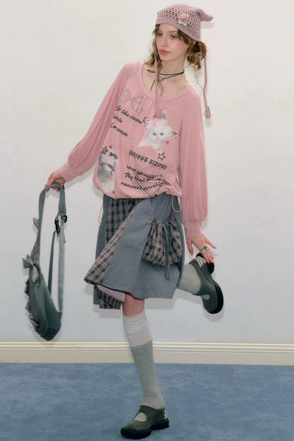 Pink Cat Print Lantern Sleeve Top