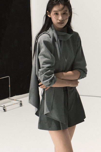 Shoulder Padded Backless Top Shorts Set-Up