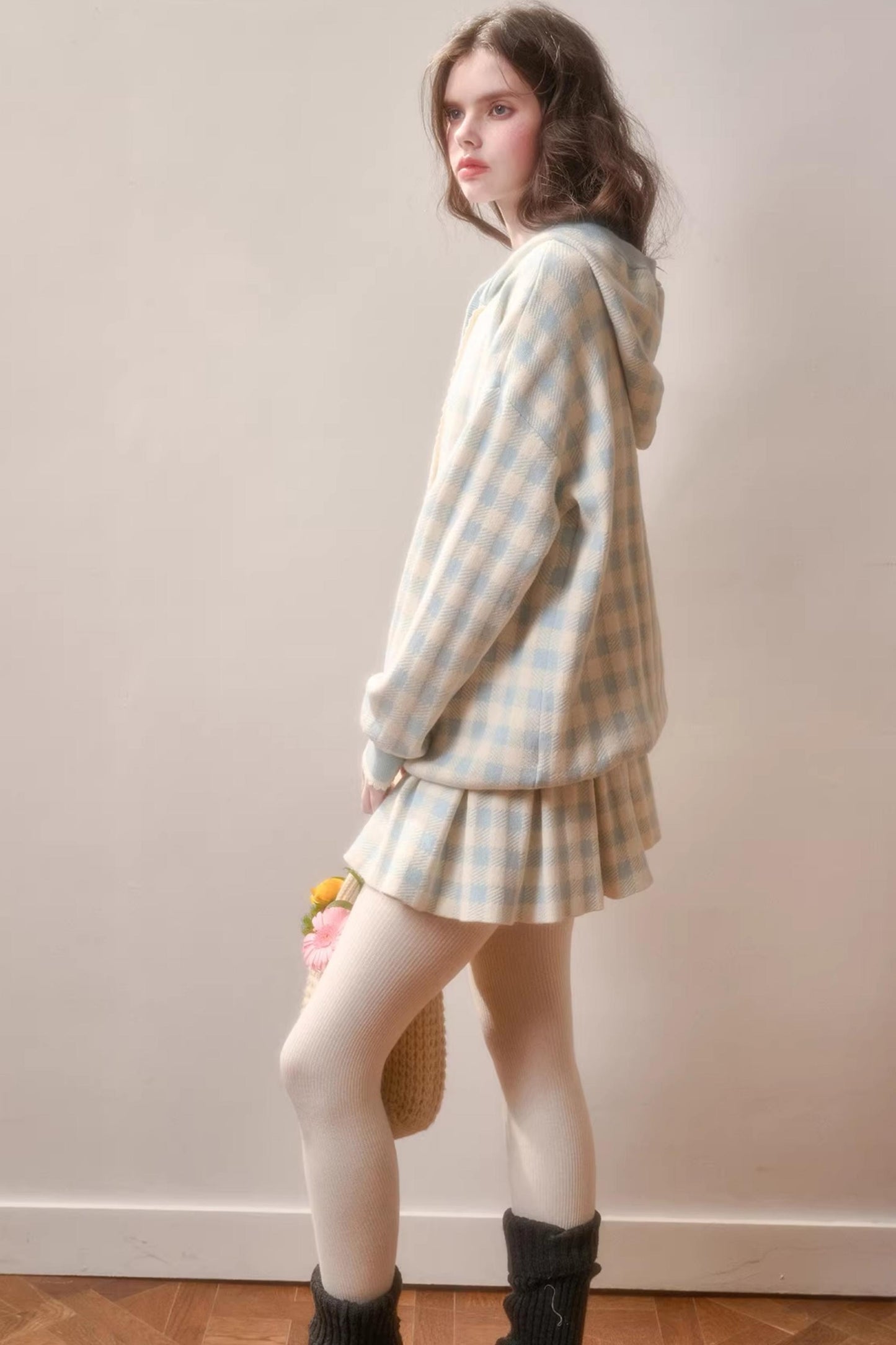 Comfortable Blue Plaid Pleated Jacket Set-Up