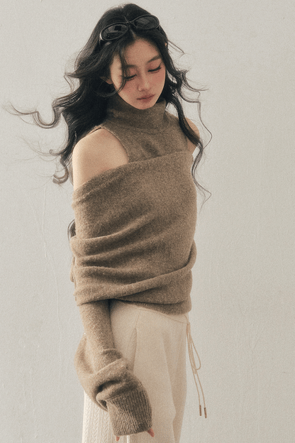 High-Neck Off-Shoulder Knit Sweater Set